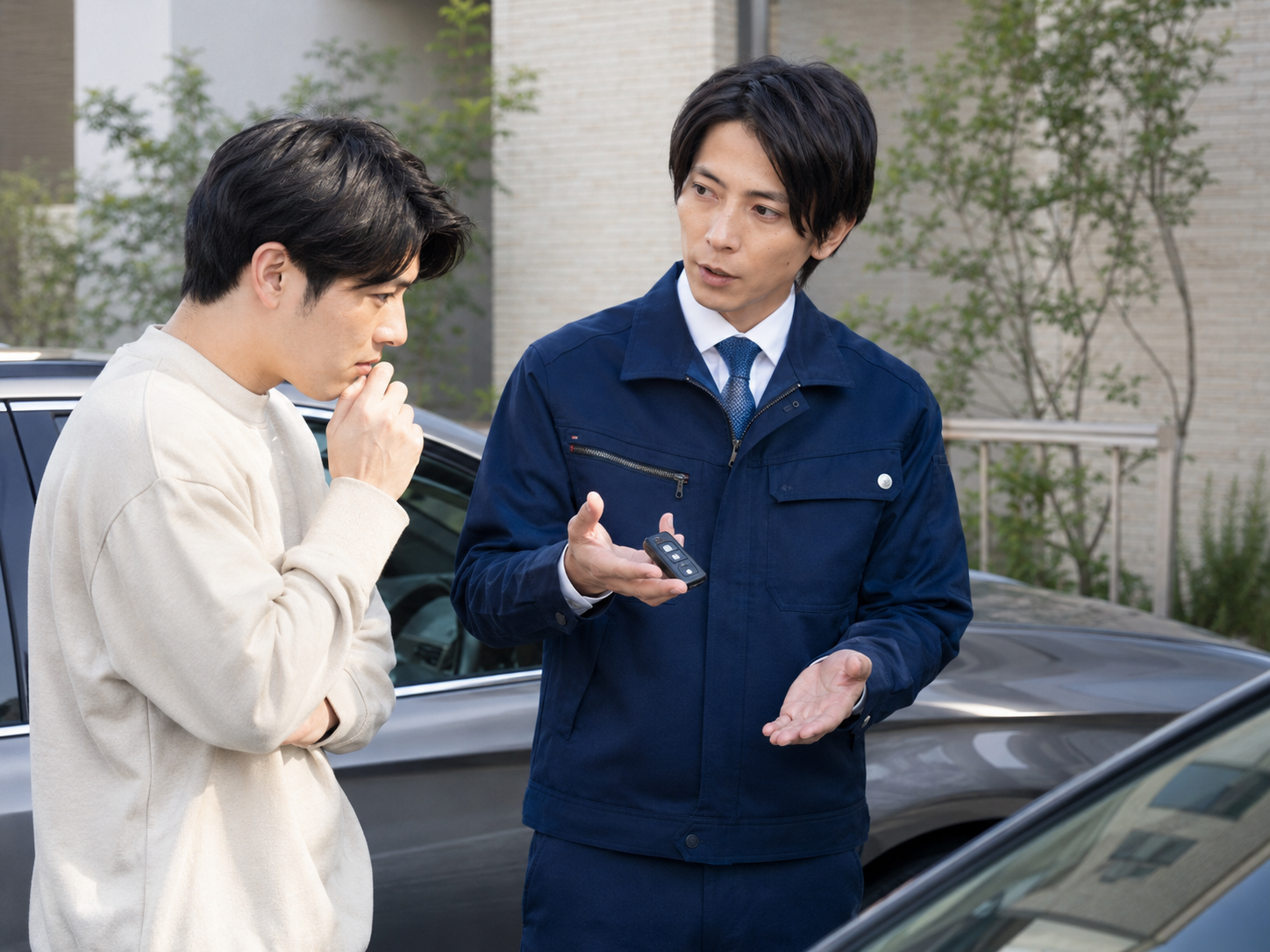 玄関前で鍵について相談するスタッフとお客様