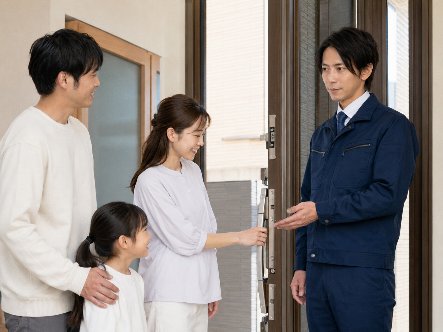 室内で鍵交換の見積もり内容を確認するスタッフとお客様