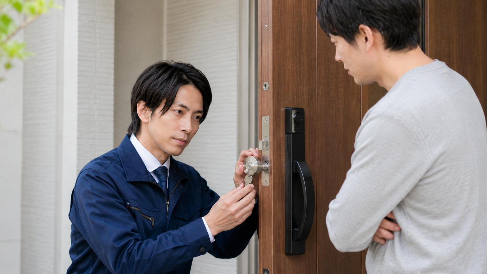 鍵部品を見ながら交換内容を説明するスタッフ