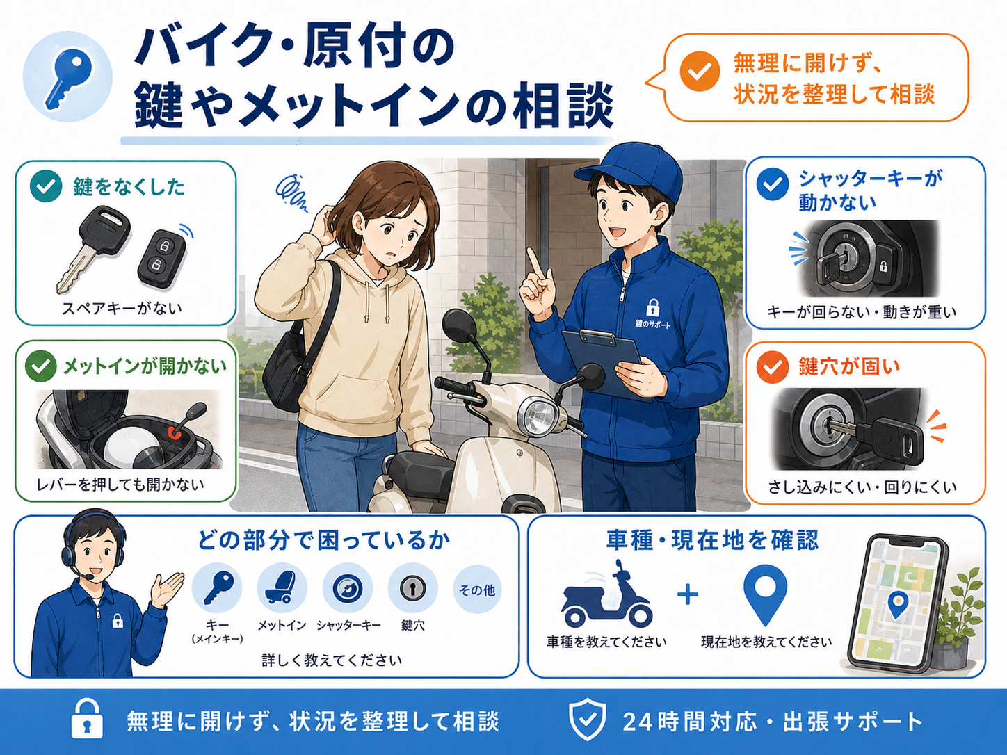 バイクや原付の鍵トラブルを説明する本文用イメージ